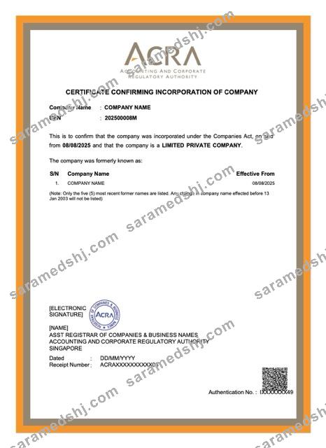 Singapore certificate of company incorporation Word and PDF template